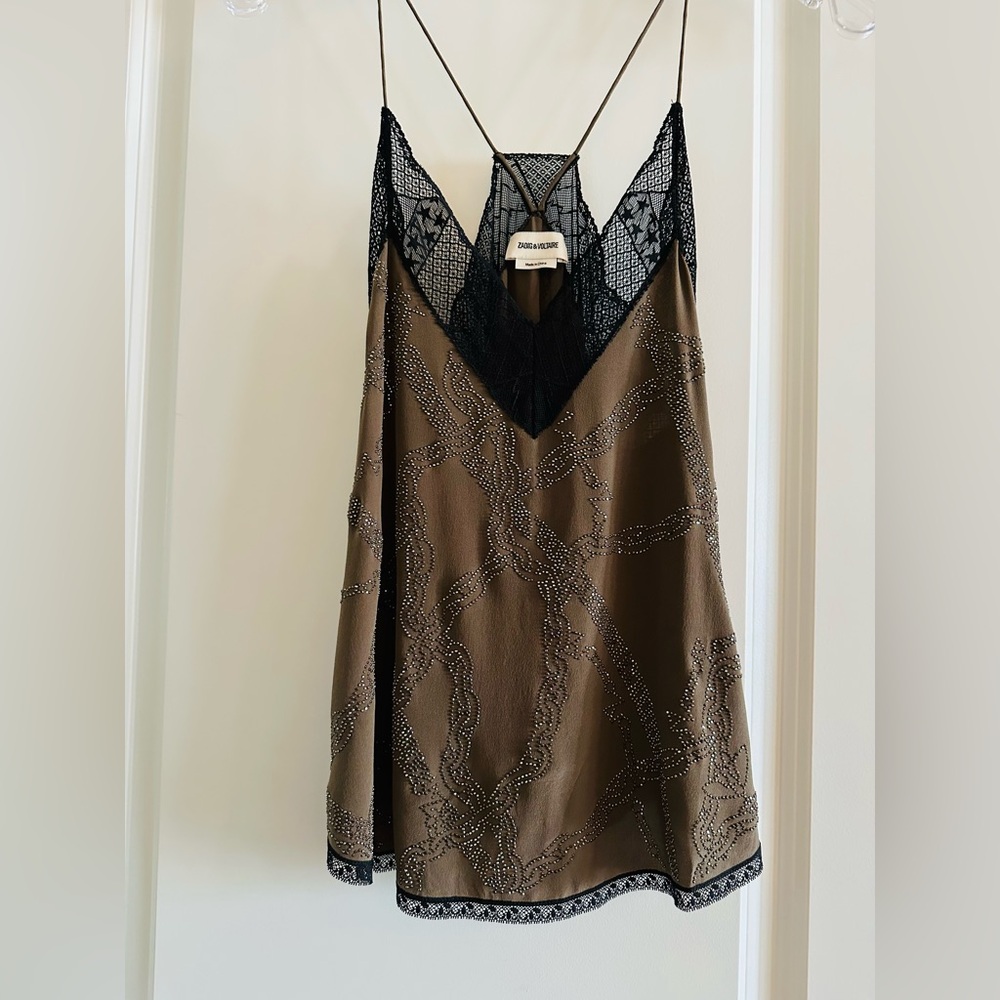 Zadig & Voltaire Black and Army Green Lace Chemise